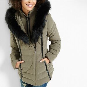 Express Olive Green Puffer Coat with Black Faux Fur Trim